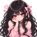Anime girl with long dark hair resting her chin on her hand with a pensive expression.