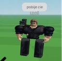 A blocky, extremely muscular Roblox character stands in a wide stance against a green background with a speech bubble above …
