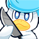 Quaxly the duck Pokémon holding a kitchen knife with a serious and determined expression.