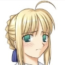 Saber from Fate with a sad, blushing expression and downcast eyes.