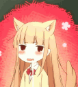 Anime girl with animal ears wearing a smug expression against a red background.