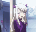 Anime girl with white hair and purple clothing wearing a mischievous, smug expression.