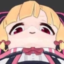 Anime girl with blonde hair looking down with a suspicious and distorted facial expression.