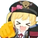 Anime girl with blonde hair and a cap laughing while pointing her finger forward.