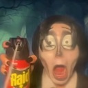 Corpse Bride character with wide, terrified eyes holding a red can of Raid bug spray.
