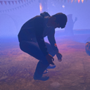 A Phasmophobia character slumped over in a defeated posture against a dark blue and purple background.