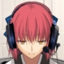 Anime girl with pink hair wearing a headset and microphone looking calm and focused.