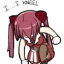 Anime girl with pink hair bowing down with the text I KNEEL above her head.