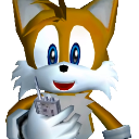 A 3D-rendered orange and white fox character with a wide smile holding a small gray device.
