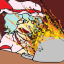 Anime girl with wide eyes and a panicked expression looking at a laptop that is engulfed in bright yellow and orange flames.