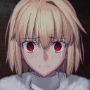 Blonde anime girl with red eyes looking worried and blushing.