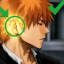 Ichigo Kurosaki with orange hair shown in profile with a glowing circle around his ear and a green checkmark indicating acti…