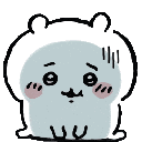 Four small white hamster-like creatures with rosy cheeks and wide, watery eyes standing in a row.