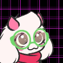A fluffy white creature with large green glasses and a red scarf looking forward with wide, happy eyes.