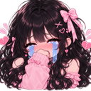 Anime girl with dark hair and pink bows crying large blue tears with a blushing face.
