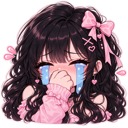 Anime girl with long dark hair and a pink bow crying with large blue tears.