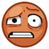 A brown circular face with wide, uneven eyes and a tense, downturned mouth expressing intense stress.