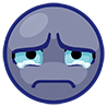 A gray circular face with a sad expression and blue tears streaming down its cheeks.