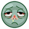 Sick face with droopy eyes and a runny nose dripping from one nostril.