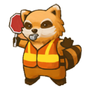A cartoon raccoon wearing a high-visibility vest and holding a red stop sign while blowing a whistle.
