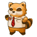 Spiffo the raccoon wearing a white dress shirt and red tie standing with a confident posture.