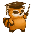 Spiffo the raccoon wearing a graduation cap and holding a pointer like a teacher.