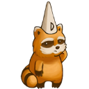 A cartoon raccoon wearing a white dunce cap with a letter D on it, looking unimpressed.
