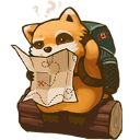 A cute red panda wearing a backpack sits on a log while looking at a paper map.