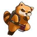 Spiffo the raccoon holding an axe with a determined expression.