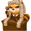 Spiffo the raccoon wearing a judge's wig and holding a gavel while sitting behind a courtroom bench.