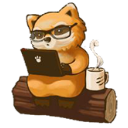 A red panda wearing glasses sits on a log, typing on a laptop with a steaming mug of coffee nearby.