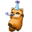 Red panda wearing a blue striped party hat and blowing a purple party horn.