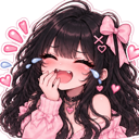 Anime girl with dark hair laughing with her hand over her mouth and tears of joy streaming down her cheeks.