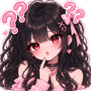 Anime girl with long black hair and pink eyes looking confused with question marks floating around her head.