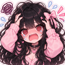 Anime girl with long dark hair pulling her hair in a state of extreme panic and crying.