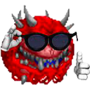 Red spiky monster wearing black sunglasses, grinning with sharp teeth and giving a thumbs up.