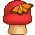 A small orange butterfly with black markings resting on top of a red mushroom with a tan stem in pixel art style.