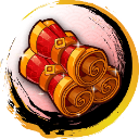 Three golden-bound red scrolls tied together with ribbons and glowing with magical sparkles.