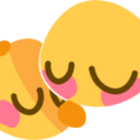 Two round yellow characters with closed eyes and pink cheeks snuggling together.