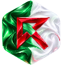 A metallic red letter R centered on a hexagonal background of green and white flowing fabric.