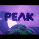 Mountain peak with the word PEAK written in bold letters above it against a purple sky.