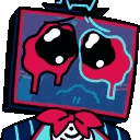 Vox from Hazbin Hotel with a television head and large, teary eyes looking sad and pathetic.