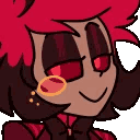 Alastor from Hazbin Hotel with red hair and a monocle batting his eyes coyly.