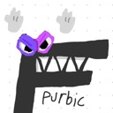 Letter F with sharp teeth and purple and pink eyes looking aggressive.