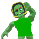 Green blocky character with a frustrated expression and yellow hair looking annoyed.