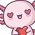 Axolotl with heart-shaped eyes holding a red heart against its chest.