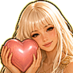 Blonde anime girl smiling while holding a pink heart close to her face.