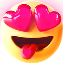 Yellow emoji face with large pink heart-shaped eyes and a tongue sticking out with a small heart on it.
