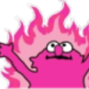 Elmo-like pink character standing calmly in front of bright pink flames.