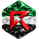 A stylized red letter R centered inside a glossy hexagonal frame with a green, white, and black rippled background.